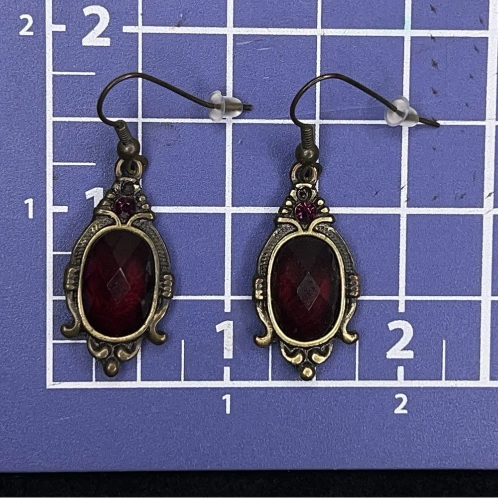 Victorian Style Dangle Earrings Bronze Look Deep Red Burgundy Boho Bohemian